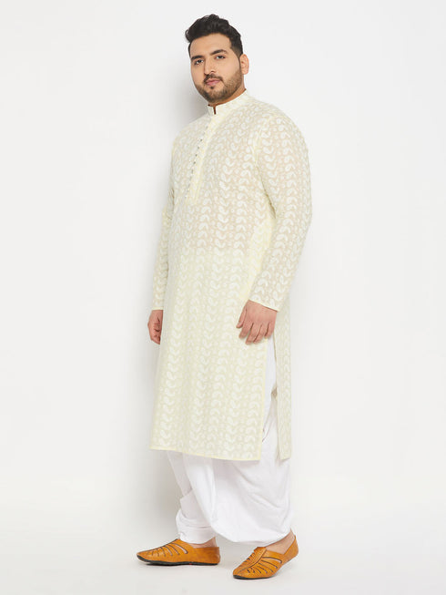 Vastramay Men's Plus Size Chikankari Embroidered Kurta And White Dhoti Set